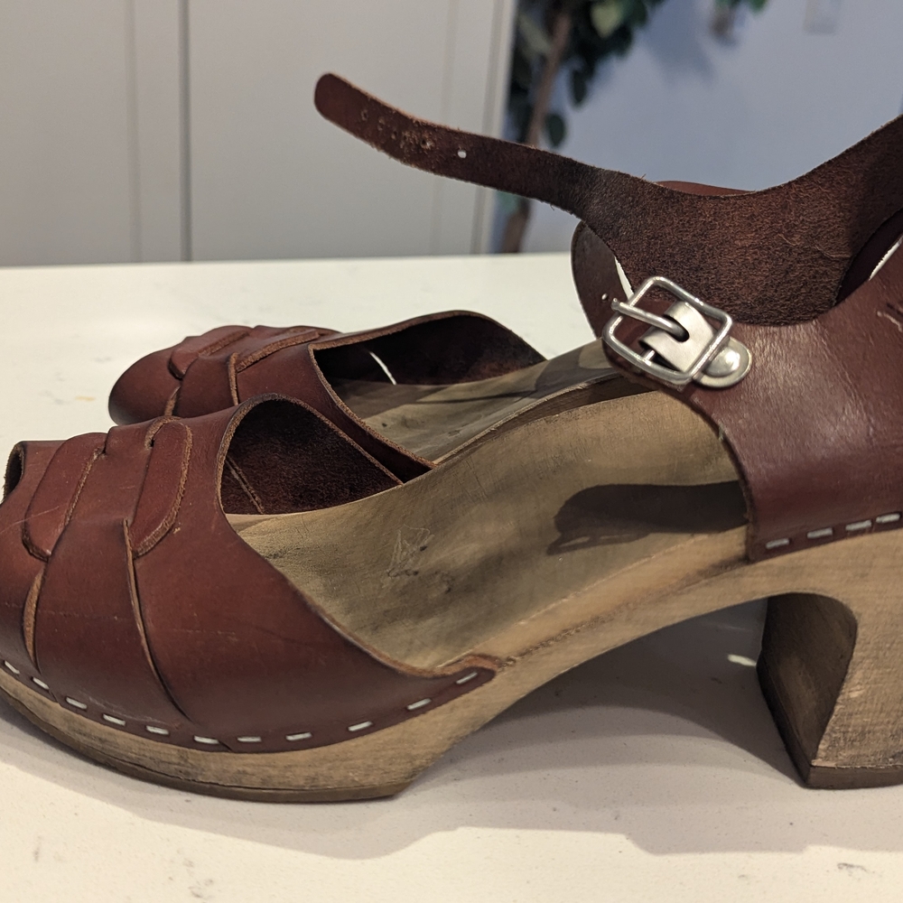 Swedish Hasbeens Brown Leather Mules with Wooden Heel